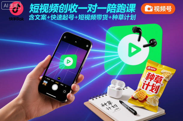 短视频创收一对一陪跑课，含文案+快速起号+短视频带货+种草计划-轻创终点站