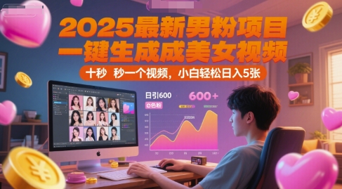 2025最新男粉项目，一键生成美女视频，日引600+色粉 十秒一个视频，小白轻松日入5张【揭秘】-轻创终点站