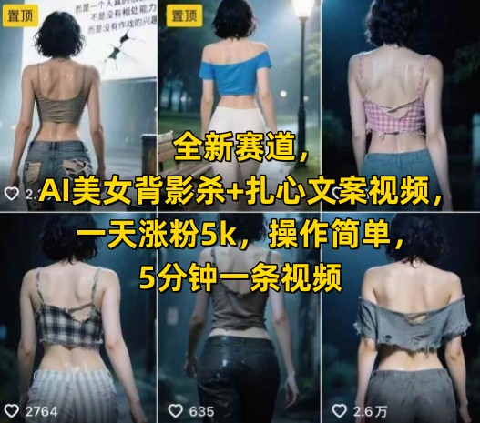 全新赛道，AI美女背影杀+扎心文案视频，一天涨粉5k，操作简单，5分钟一条视频-轻创终点站