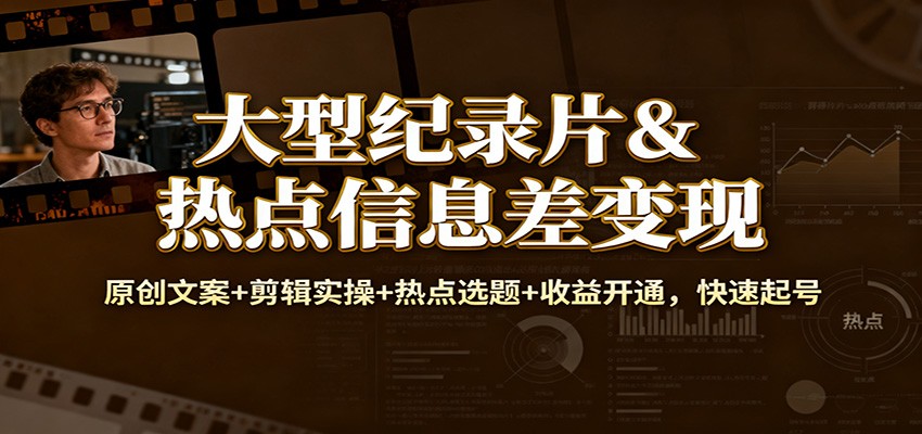 大型纪录片&热点信息差变现：原创文案+剪辑实操+热点选题+收益开通，快速起号-轻创终点站