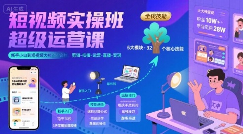 短视频实操班超级运营课，新手小白到短视频大神必修课程，剪辑-拍摄-运营-直播-变现-轻创终点站