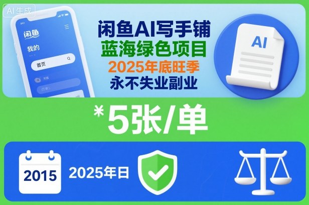 闲鱼AI写手铺，蓝海绿色项目，一单5张，2025年底旺季，永不失业副业-轻创终点站