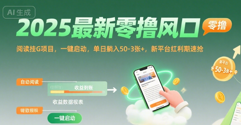 2025最新零撸风口，阅读挂G项目，一键启动，单日躺入 50-3张+，新平台红利期速抢【揭秘】-轻创终点站