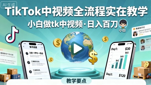 TikTok中视频全流程实操教学，小白做tk中视频，日入百刀-轻创终点站