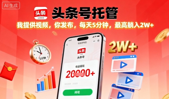 【头条号托管】我提供视频，你发布，每天5分钟，最高躺入2W+【揭秘】-轻创终点站