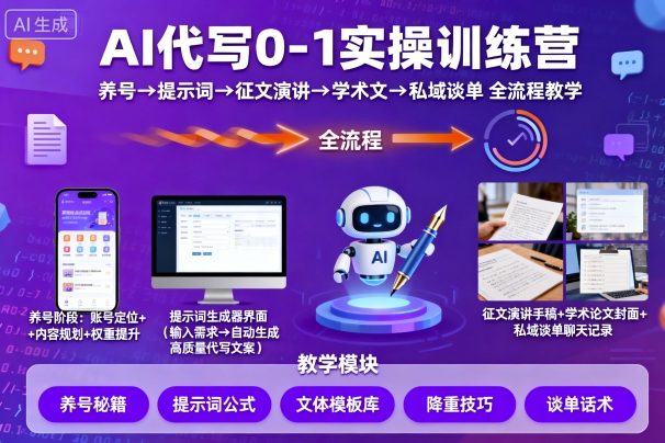 AI代写0-1实操训练营，从养号、提示词、征文演讲、学术文，到私域谈单的全流程教学-轻创终点站