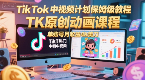 TikTok中视频计划保姆级教程，TK原创动画课程，单账号月收益4k美刀-轻创终点站