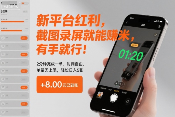 新平台红利，截图录屏就能賺米，有手就行！2分钟完成一单，时间自由，单量无上限，轻松日入5张【揭秘】-轻创终点站