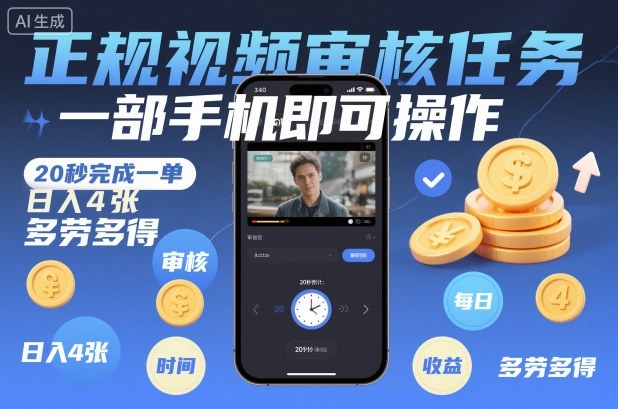 正规视频审核任务,一部手机即可操作,20秒完成一单,日入4张,多劳多得【揭秘】-轻创终点站