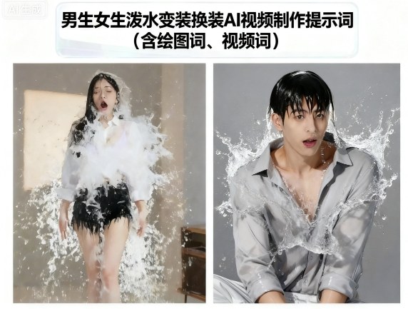 男生女生泼水变装换装AI视频制作提示词(含绘图词、视频词)-轻创终点站