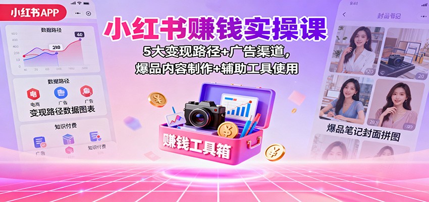 小红书赚钱实操课：5大变现路径+广告渠道，爆品内容制作+辅助工具使用-轻创终点站