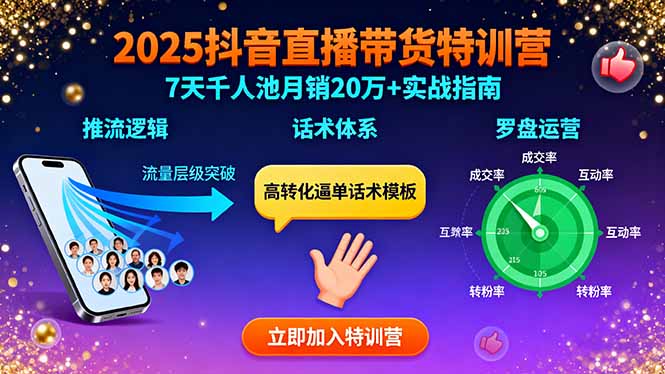 2025抖音直播带货特训：推流逻辑、话术体系、罗盘运营,7天千人池月销20万+-轻创终点站