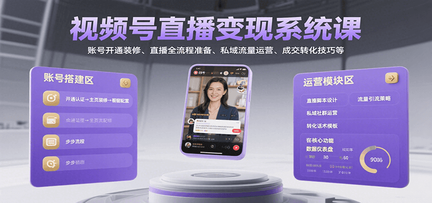 视频号直播变现系统课，账号开通装修、直播全流程准备、私域流量运营、成交转化技巧等-轻创终点站
