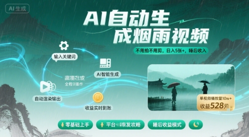 不用拍不用剪！AI自动生成烟雨视频，日入5张+，睡后收入-轻创终点站