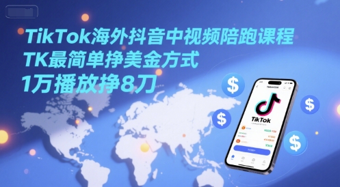 TikTok海外抖音中视频陪跑课程，TK最简单挣美金方式，1万播放挣8刀-轻创终点站
