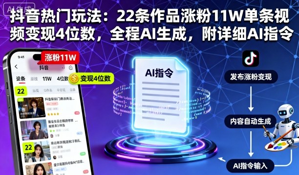 抖音热门玩法：22条作品涨粉11W单条视频变现4位数，全程AI生成，附详细AI指令-轻创终点站