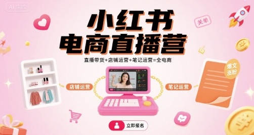 小红书电商直播营，直播带货+店铺运营+笔记运营=全电商-轻创终点站