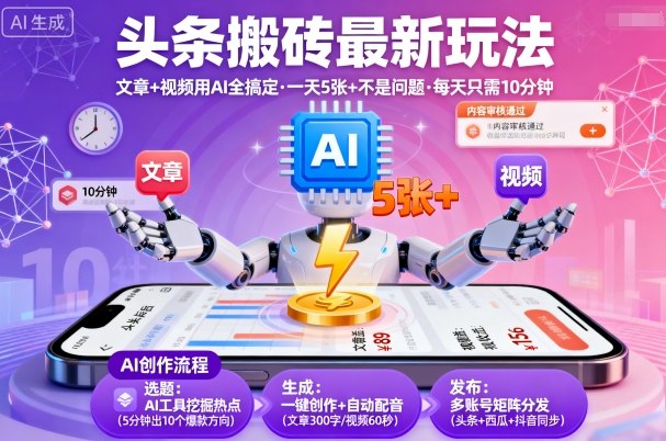 头条搬砖最新玩法，文章+视频用AI全搞定，一天5张+不是问题，每天只需10分钟-轻创终点站