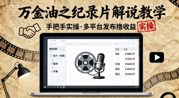 万金油之纪录片解说教学，手把手教你，完全实操，多平台发布撸收益-轻创终点站