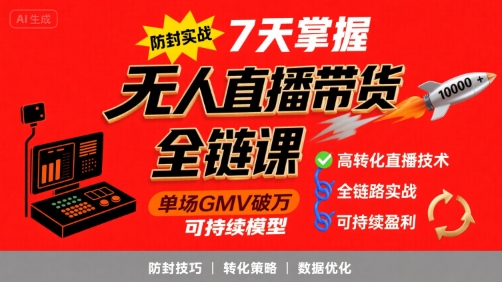 无人直播带货全链防封实战课，7天掌握高转化直播技术，实现单场GMV破万可持续模型-轻创终点站
