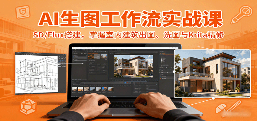 AI生图工作流实战课：SD/Flux搭建，掌握室内建筑出图、洗图与Krita精修-轻创终点站