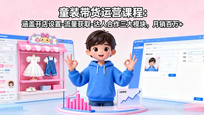 童装带货运营课程：涵盖开店设置-流量获取-达人合作三大模块，月销百万+-轻创终点站