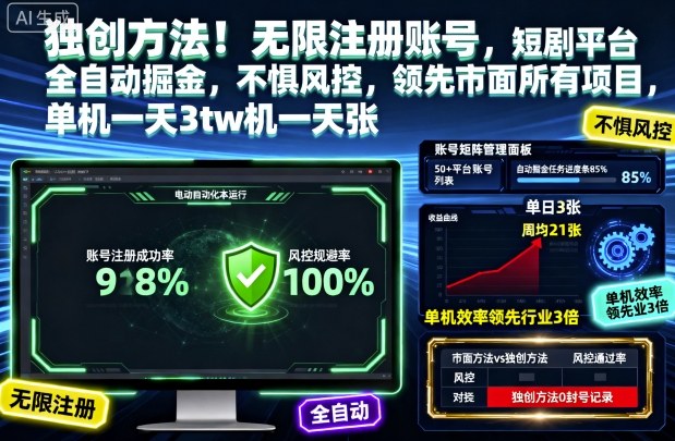 独创方法！无限注册账号，短剧平台全自动掘金，不惧风控，领先市面所有项目，单机一天3张【揭秘】-轻创终点站