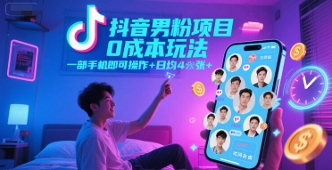 抖音男粉项目0成本玩法，一部手机即可操作，日均4张+，时间自由-轻创终点站