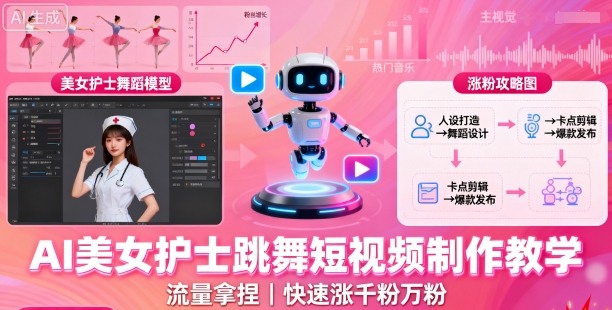 AI美女护士跳舞短视频制作教学，流量拿捏，快速涨千粉万粉【提示词+视频教程】-轻创终点站