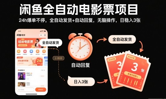 闲鱼全自动电影票项目，24h爆单不停，全自动发货+自动回复，无脑操作，日稳入3张【揭秘】-轻创终点站