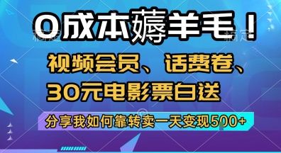 0成本薅羊毛!视频会员、话费卷、30元电影票白送，分享我如何靠转卖一天变现5张+【揭秘】-轻创终点站