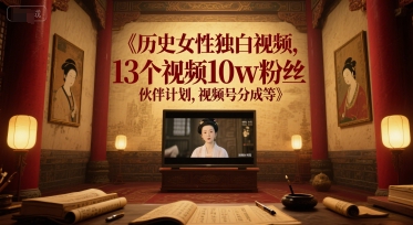 历史女性独白视频，13个视频10w粉丝，伙伴计划，视频号分成等-轻创终点站