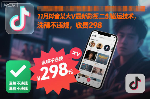 11月抖音某大V最新影视二创搬运技术，洗稿不违规，收费298-轻创终点站