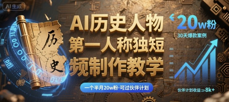 最新AI历史人物第一人称独白短视频制作教学，一个半月20w粉，可过伙伴计划-轻创终点站