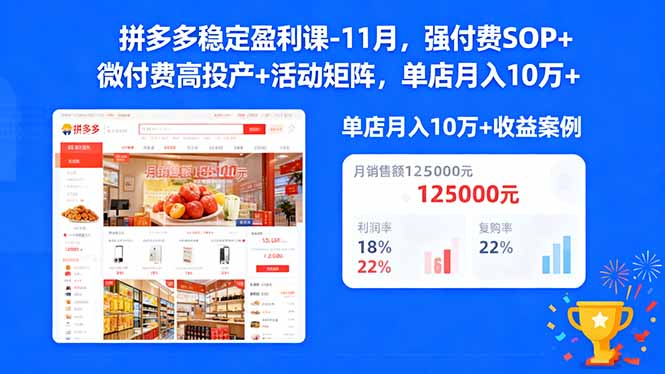 拼多多稳定盈利课-11月，强付费SOP+微付费高投产+活动矩阵，单店月入10万+-轻创终点站