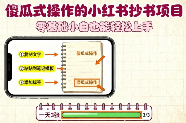 傻瓜式操作的小红书抄书项目，会复制粘贴就行，零基础小白也能一天3张-轻创终点站