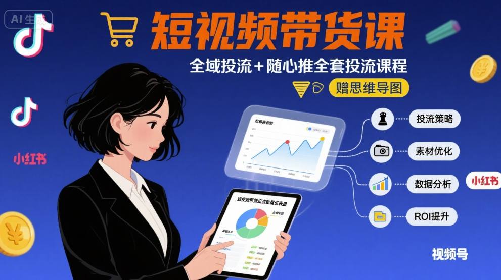 最新短视频带货课，全域投流+随心推全套投流课程+思维导图-轻创终点站
