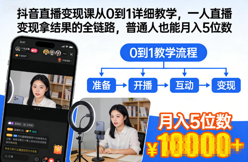 抖音直播变现课从0到1详细教学，一人直播变现拿结果的全链路，普通人也能月入5位数-轻创终点站