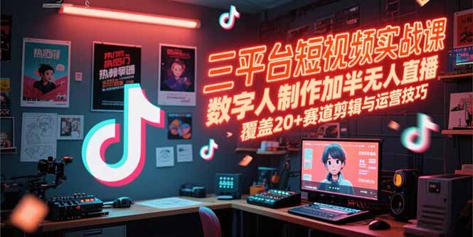 三平台短视频实战课，数字人制作加半无人直播，覆盖20+赛道剪辑与运营技巧-轻创终点站