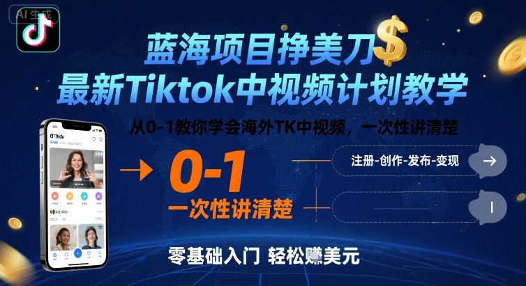 蓝海项目挣美刀，最新Tiktok中视频计划教学，从0-1教你学会海外TK中视频，一次性讲清楚-轻创终点站