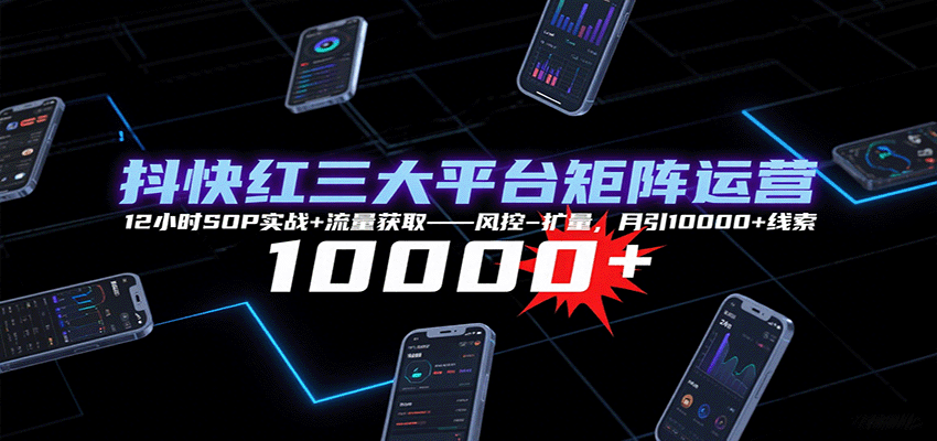 抖快红三大平台矩阵运营，12小时SOP实战+流量获取-风控-扩量，月引10000+线索-轻创终点站