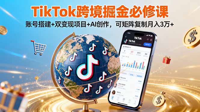 TikTo跨境掘金必修课，账号搭建+双变现项目+AI创作，可矩阵复制月入3万+-轻创终点站