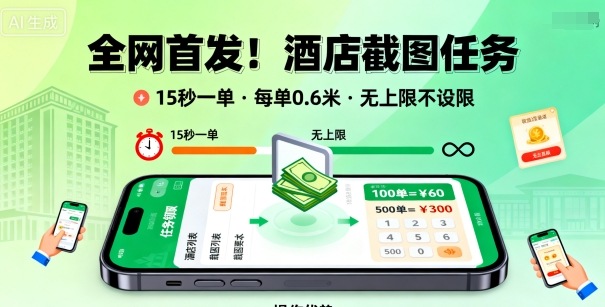 全网首发！酒店截图任务，15秒一单，每单0.6米，任务无上限不设限，矩阵操作单日3张到手【揭秘】-轻创终点站