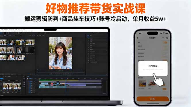 好物推荐带货实战课：搬运剪辑防判+商品挂车技巧+账号冷启动，单月收益5w+-轻创终点站