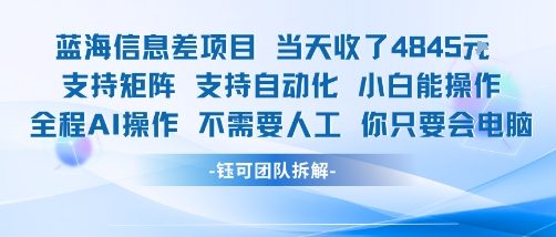 蓝海信息差项目当天收米1k+ 支持矩阵支持自动化小白能操作全程AI操作不需要人工你只要会电脑-轻创终点站