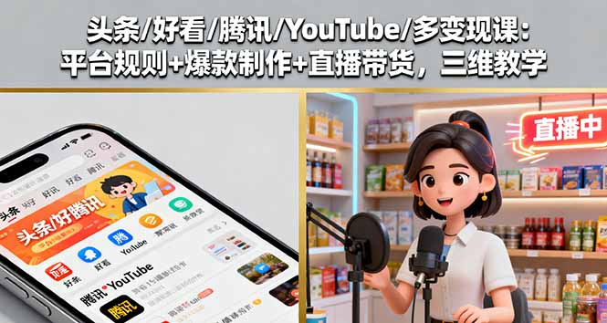头条/好看/腾讯/YouTube/多变现课：平台规则+爆款制作+直播带货，三维教学-轻创终点站