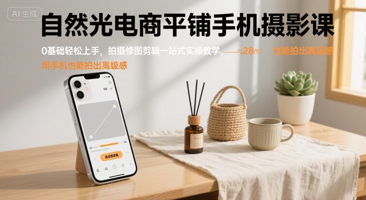 自然光电商平铺手机摄影课，0基础轻松上手，拍摄修图剪辑一站式实操教学，用手机也能拍出高级感-轻创终点站
