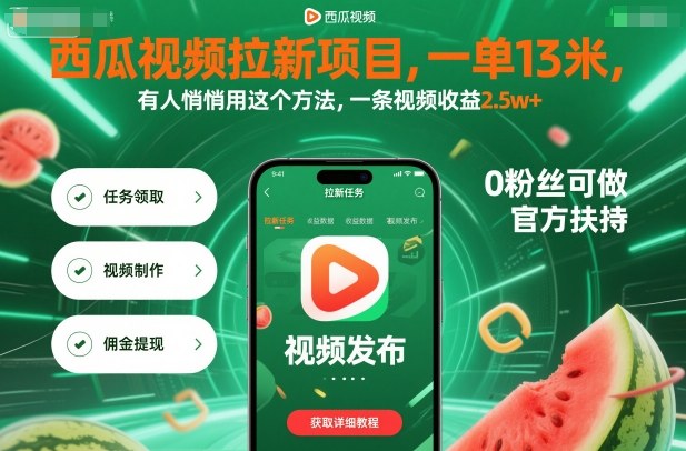 西瓜视频拉新项目,一单13米,有人悄悄用这个方法,一条视频收益2.5w+(附详细教程)-轻创终点站