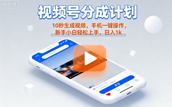 视频号分成计划懒人玩法，10秒生成视频，手机一键操作，新手小白轻松上手，日入1K【揭秘】-轻创终点站