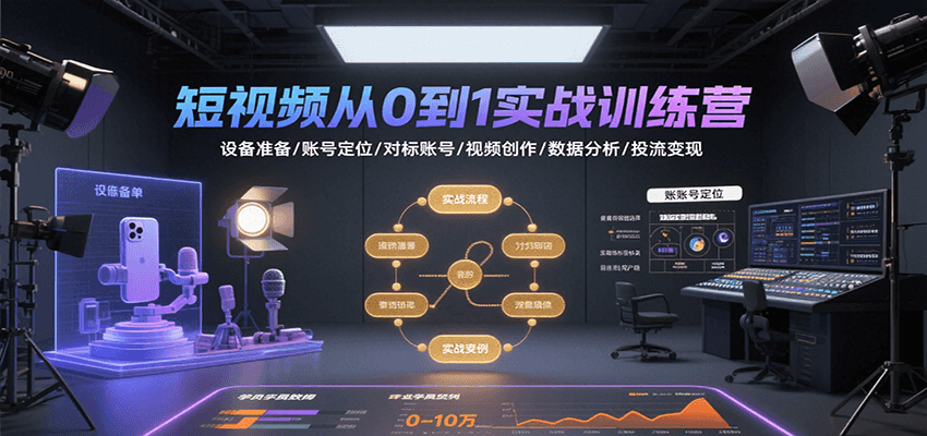 短视频从0到1实战训练营：设备准备/账号定位/对标账号/视频创作/数据分析/投流变现-轻创终点站